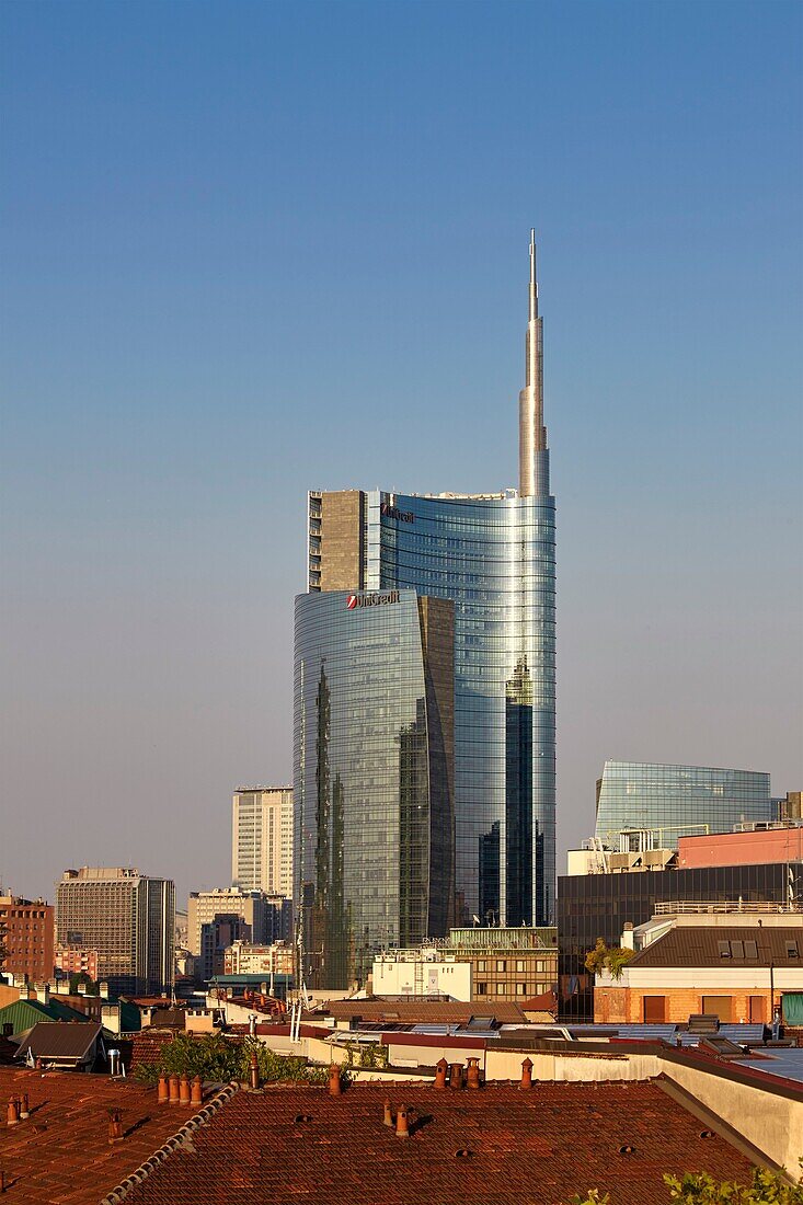 View of Unicredit Tower in Porta Nuova district, Milan, Italy.