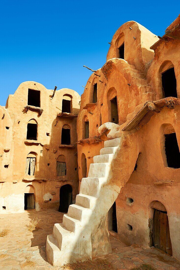 Ksar Ouled Soltane, a traditional Berber and Arab fortified adobe vaulted granary cellars, or ghorfas, situated on the edge of the northern Sahara in the Tataouine district. Tunisia, Africa. Used as a film set Star Wars: The Phantom Menace as the slave qu