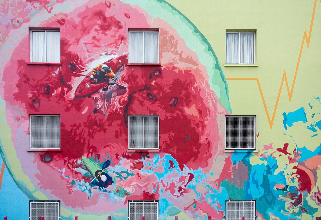 Health centre ( Centro de Salud ) painted with images to promote a healthy lifestyle in Santa Cruz de Tenerife, Canary Islands, Spain.