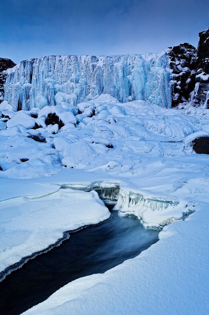 Oxararfoss Waterfall in the Winter, Thingvellir National Park, Iceland.