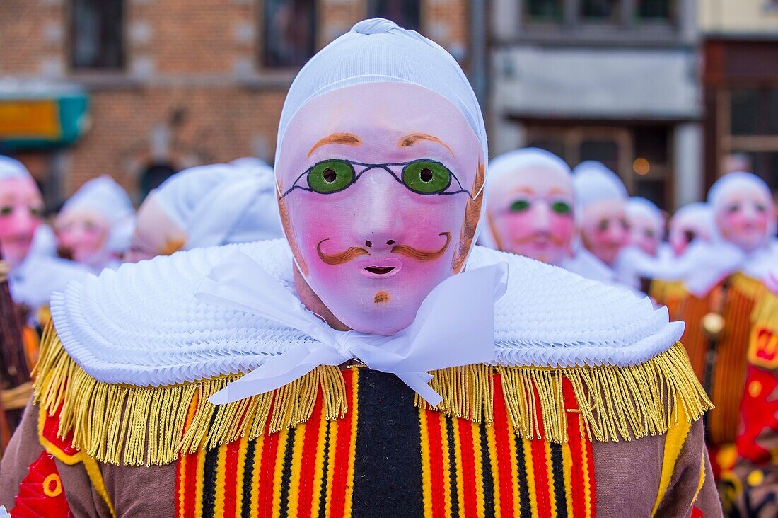 Participant in the Binche Carnival in Binche, Belgium. The Binche carnival is included in a list of intangible heritage by UNESCO.