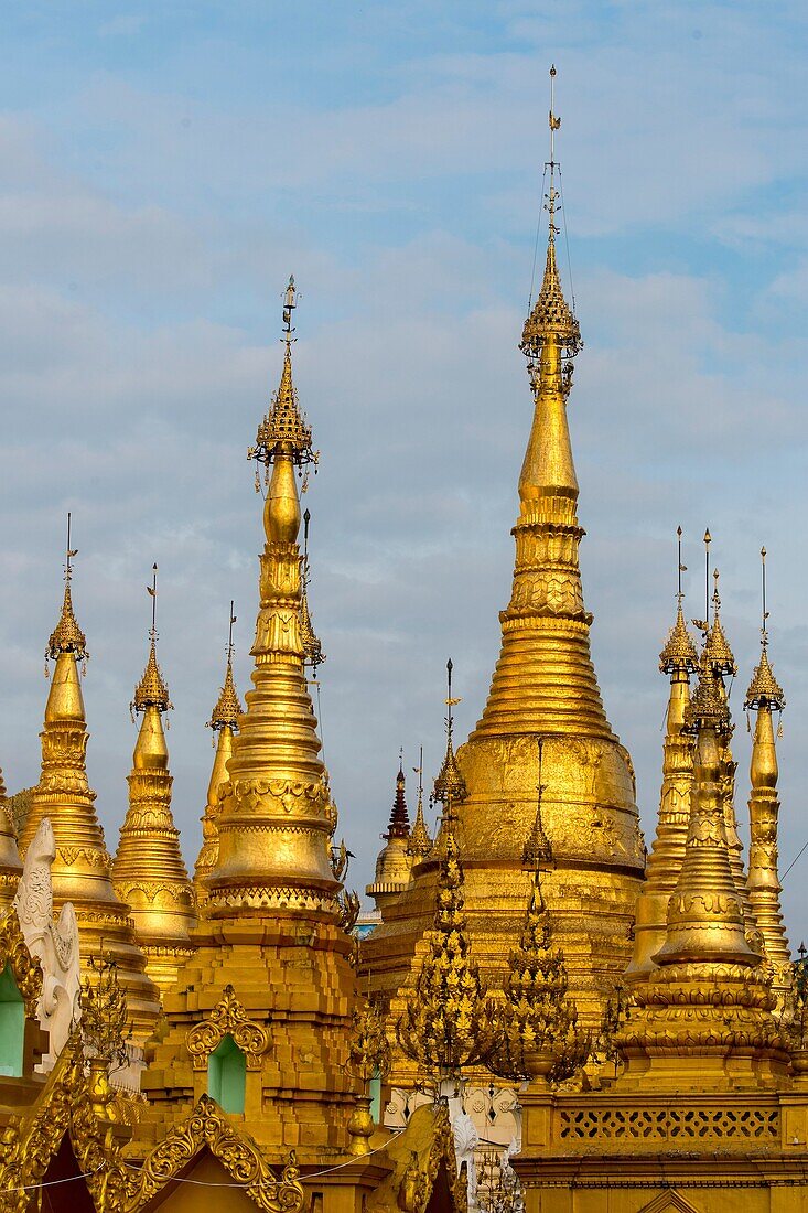 View of golden stupas at the 2,500 years old Shwedagon Pagoda in Yangon (Rangoon), the largest city in Myanmar.