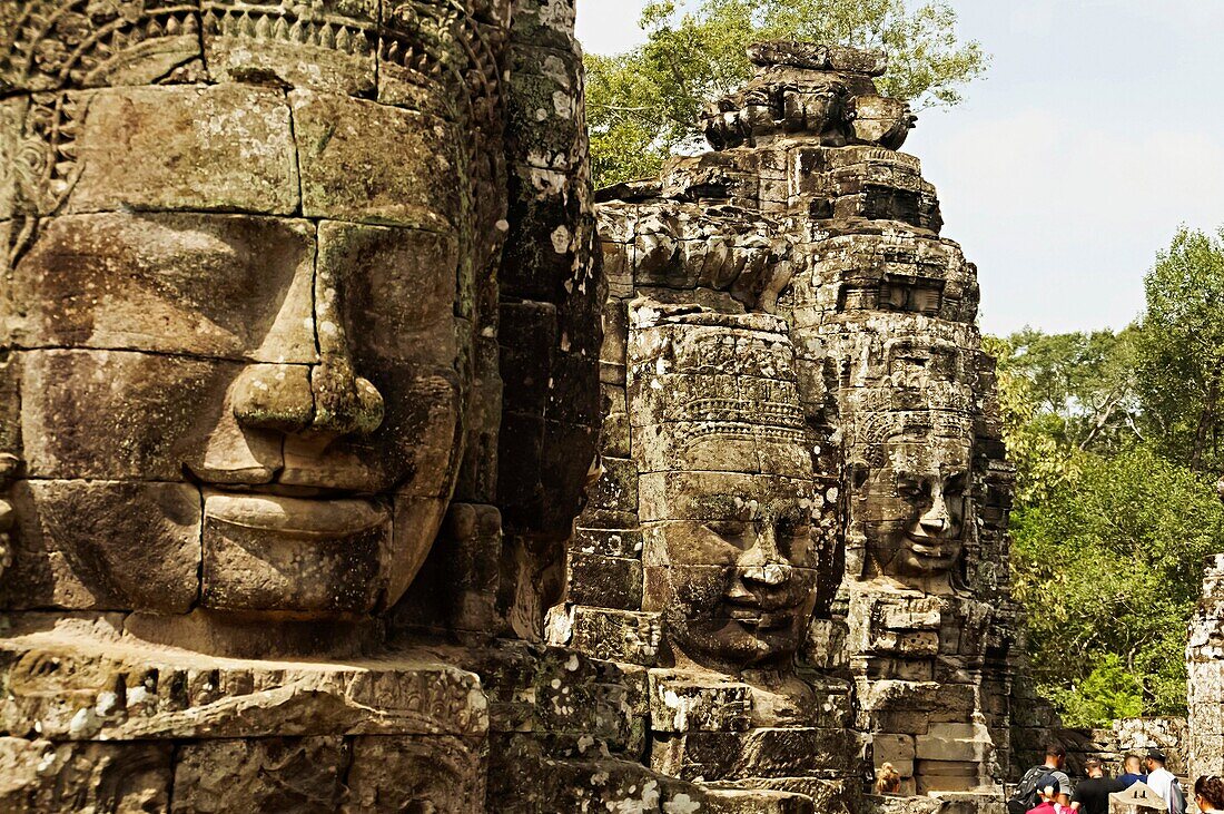 Face towers of the Bayon temple, In the center of Angkor Thom , Siem Reap, Cambodia. UNESCO World Heritage Site. Capital city of the Khmer empire built at the end of the 12th century.