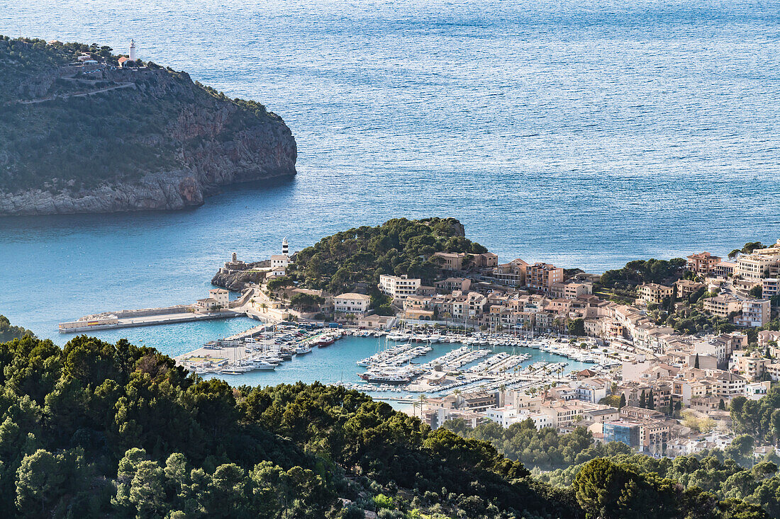 View from the Tramuntana Mountains at the city and the harbour, Port de Sóller, Mallorca, Spain