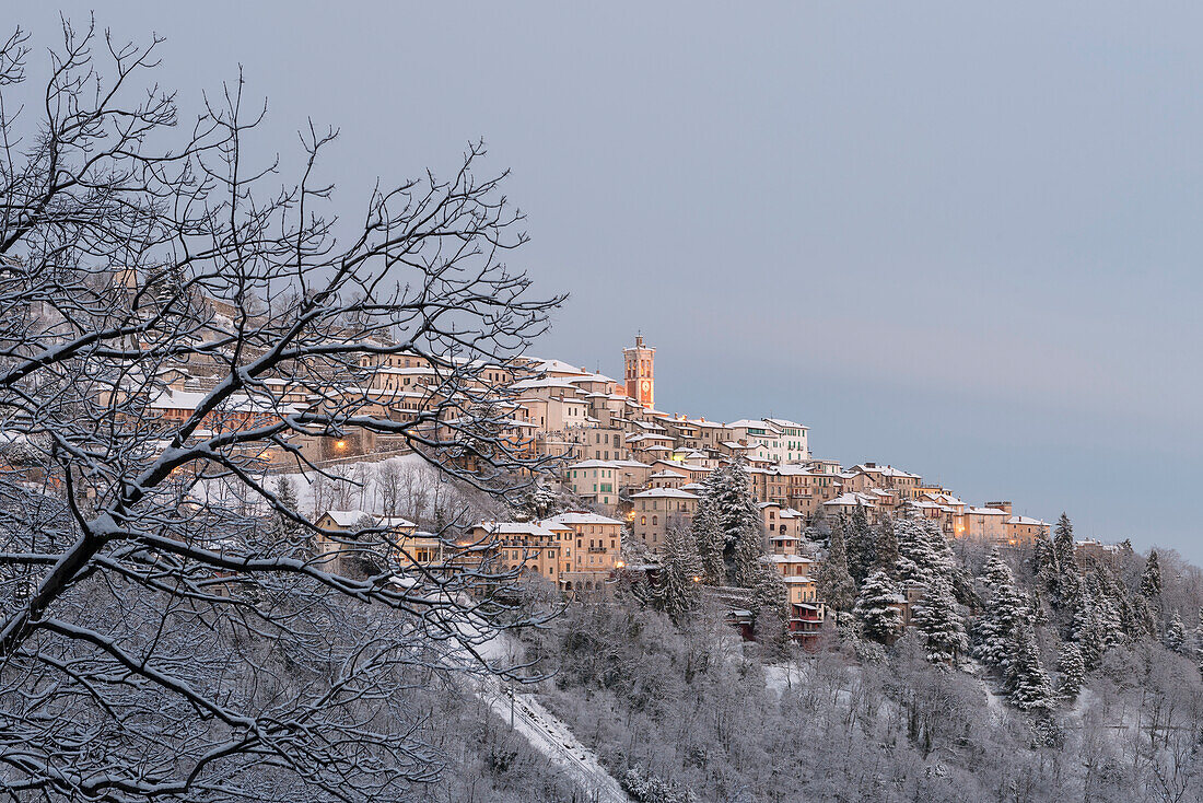 The village of Santa Maria del Monte in the evening after a snowy day from Campo dei Fiori, Parco Campo dei Fiori, Varese, Lombardy, Italy, Europe