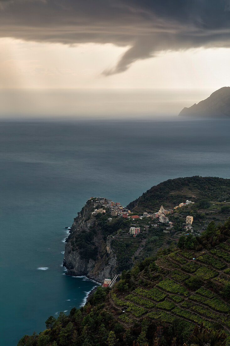 rain arrives on Corniglia, Cinque Terre, municipality of Vernazza, La Spezia provence, Liguria, Italy, Europe