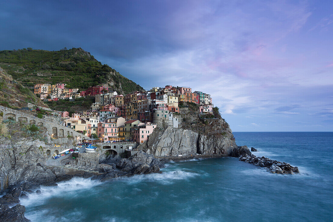 Sunset in Manarola, Cinque Terre, municipality of Riomaggiore, La Spezia provence, Liguria, Italy, Europe