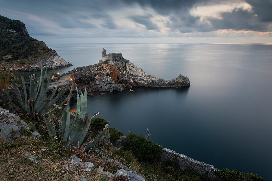 San Pietro Church at sunset, municipality of Portovenere, La Spezia provence, Liguria, Italy, Europe