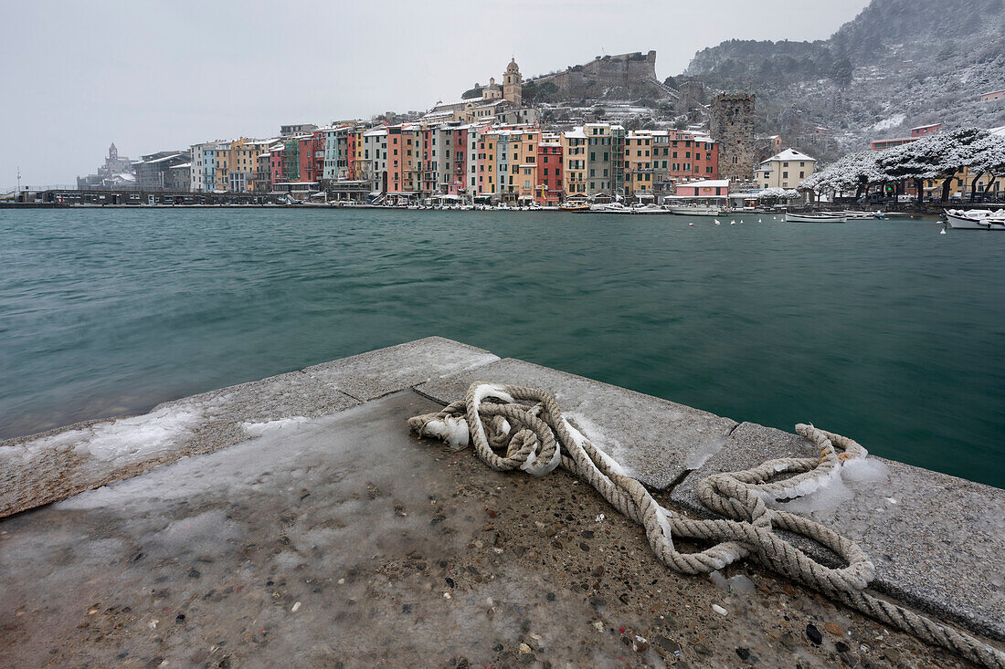 snow on Portovenere harbour, municipality of Portovenere, La Spezia province, Liguria, Italy, Europe