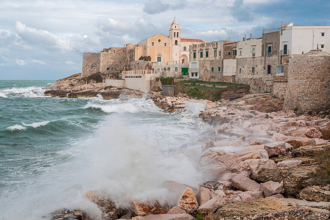 The church of San Francesco on a rough sea day, Vieste, Foggia province, Apulia, Italy, Europe