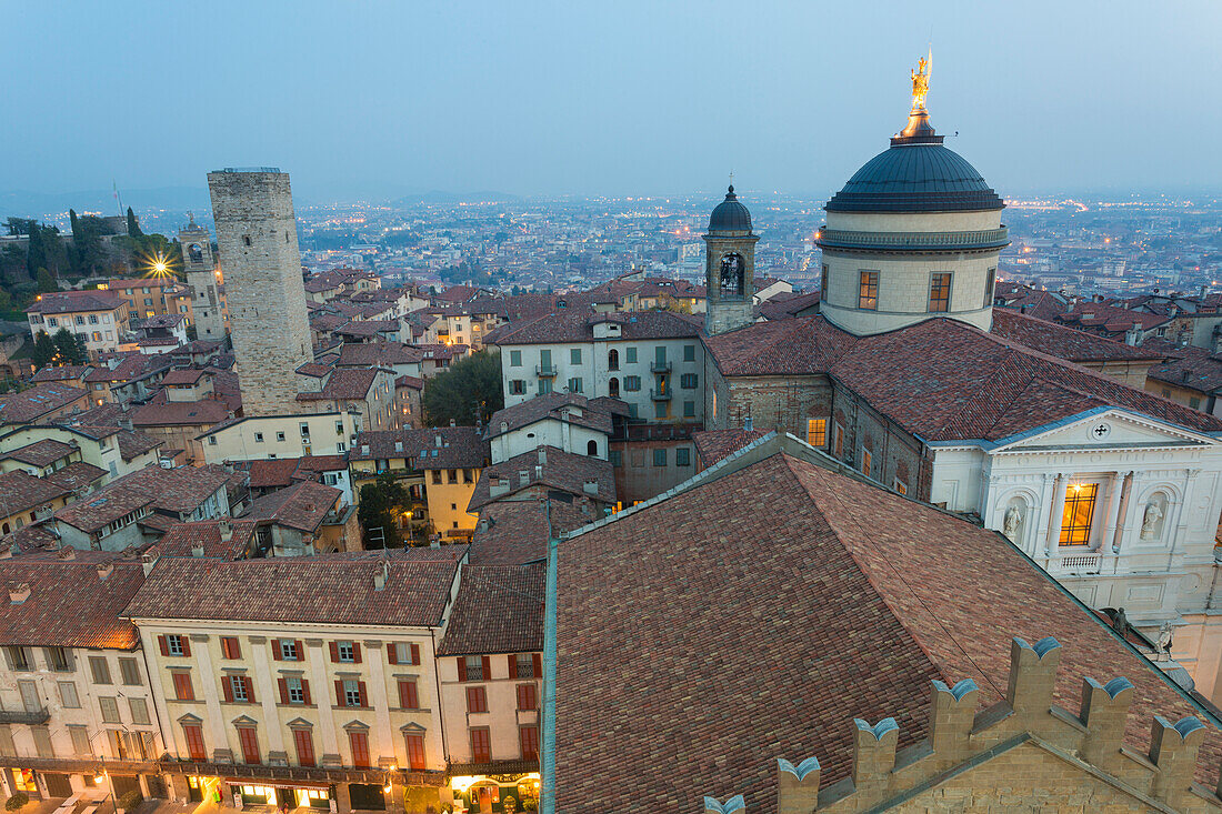 Cathedral of Bergamo from above at dusk, Bergamo (Upper town), Lombardy, Italy.