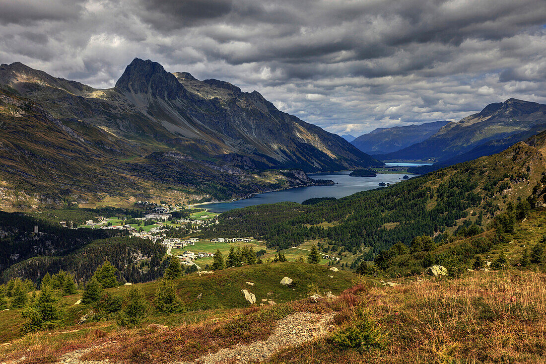 Maloja and Lej da Segl lake from Motta Salacina viewpoint, Engadin, Canton Grisons, Switzerland, Europe