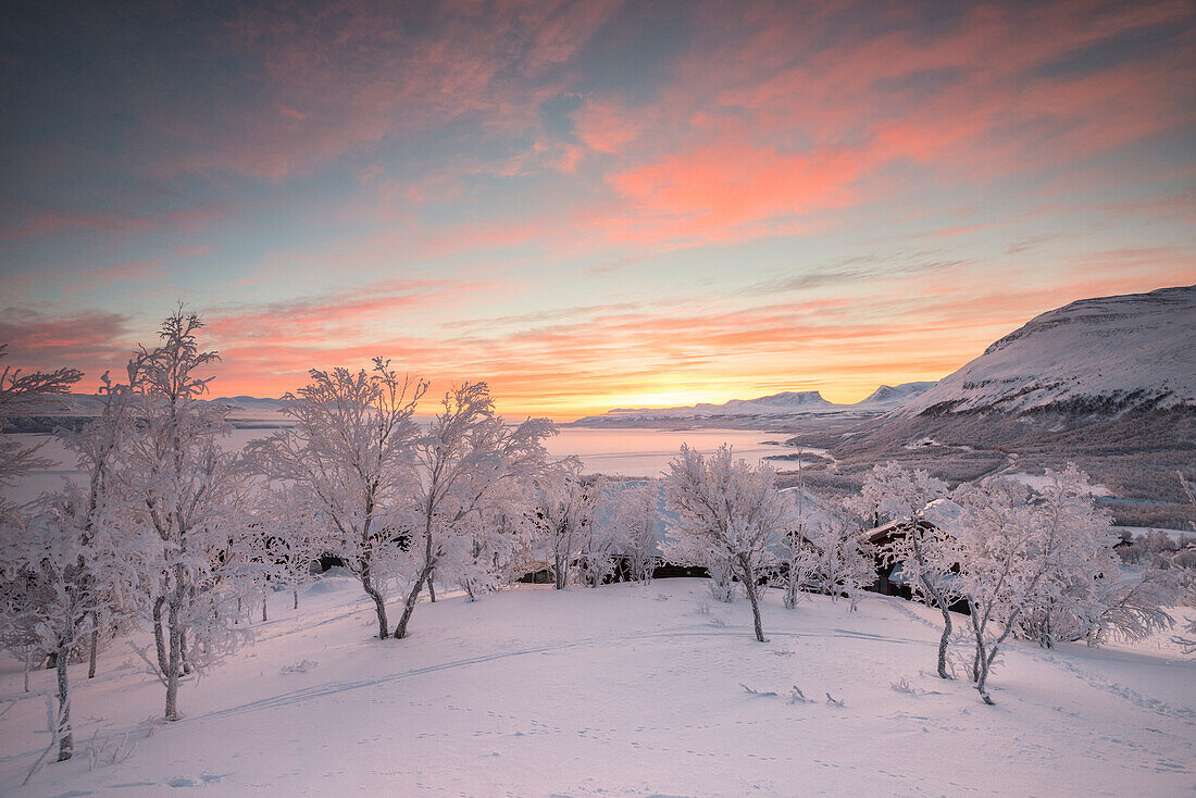 Sunrise on the little village, Bjorkliden, Abisko, Kiruna Municipality, Norrbotten County, Lapland, Sweden