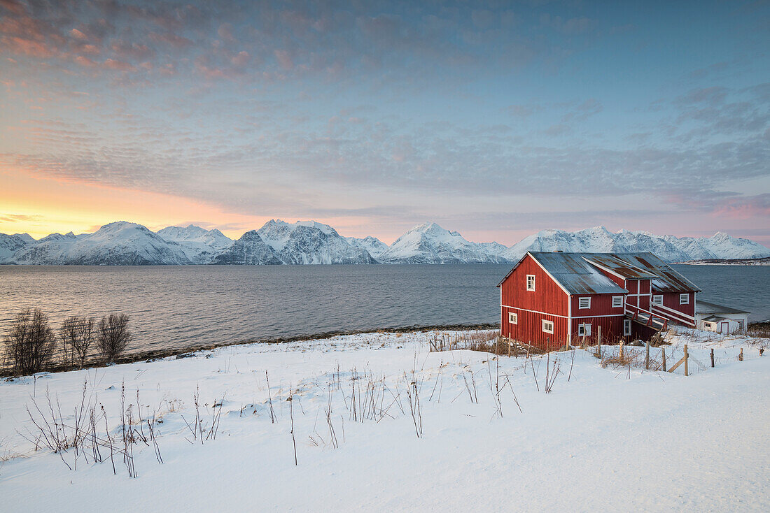 A traditional red house in the snowy landscape at sunset on the fjord, Djupvik, Lyngen Alps, Tromso, Norway, Europe