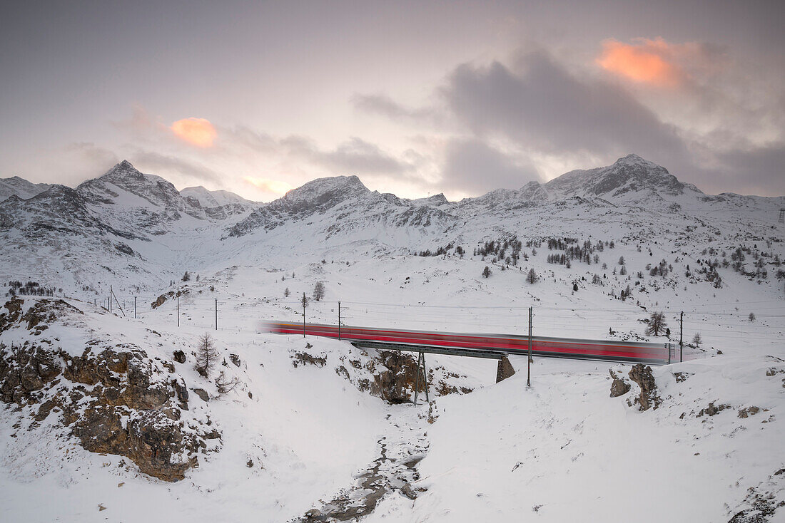 Bernina Express passes through the snowy landscape near Bernina Pass, Canton of Graubunden, Engadine, Switzerland, Europe