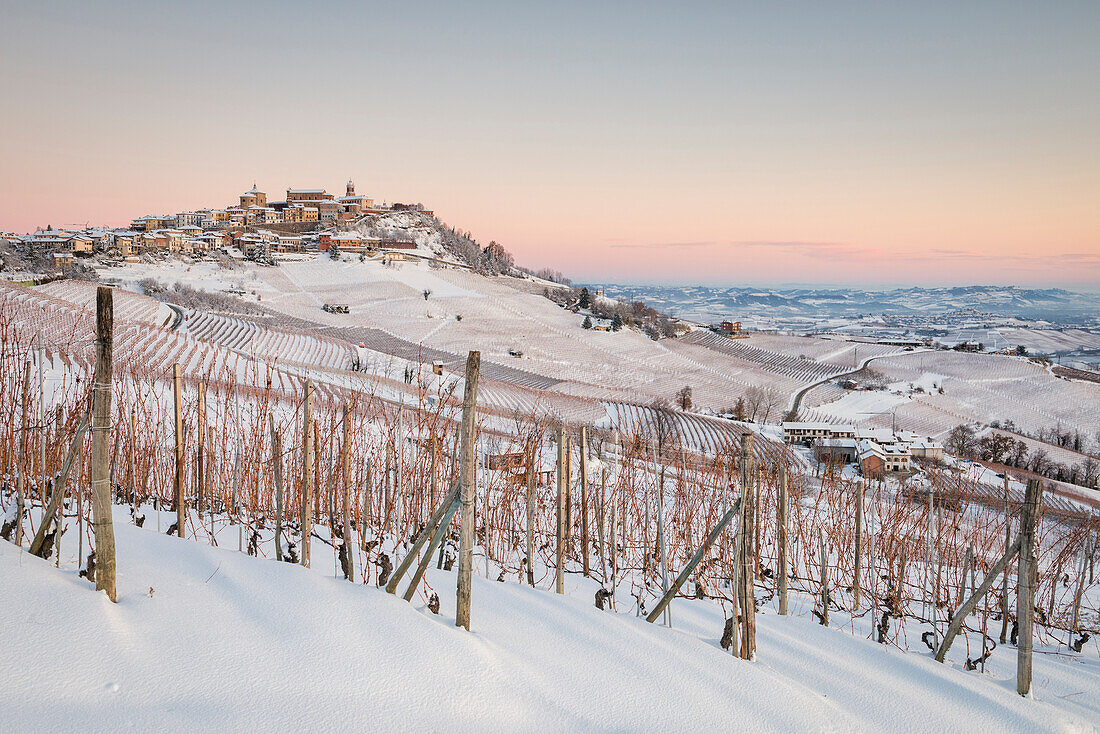 The sunrise at La Morra afrter snowy night, Langhe, Cuneo Province, Piedmont, Italy, Europe