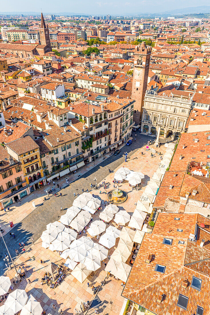 High angle view of Piazza delle Erbe (Market's square). Verona, Veneto, Italy