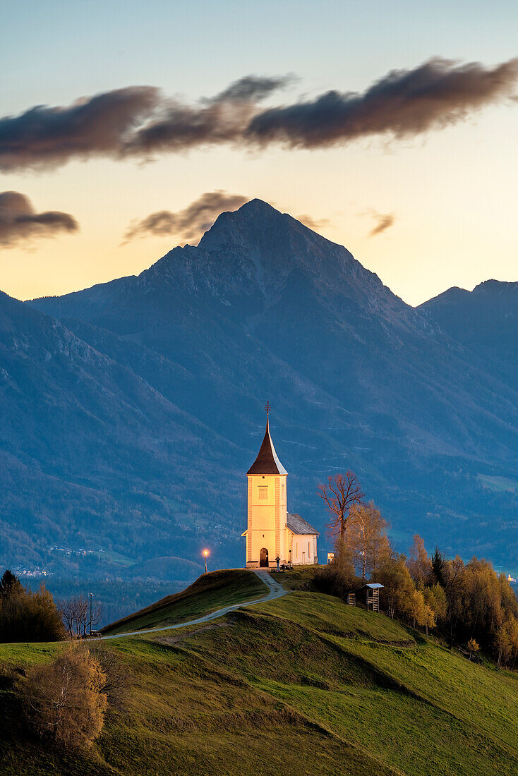 St. Primus and Felician church at dusk. Jamnik, Kranj, Upper Carniola, Slovenia