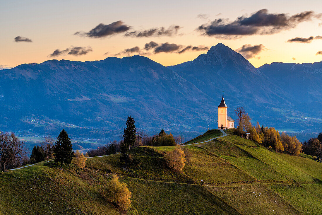 St. Primus and Felician church at dusk. Jamnik, Kranj, Upper Carniola, Slovenia