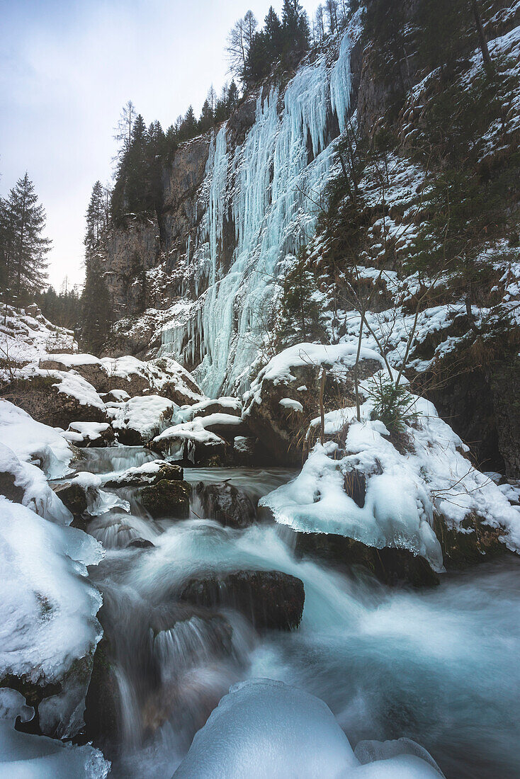 Serrai of Sottoguda, Rocca Pietore, Veneto, Belluno, Italy. Frozen scenario in this canyon of the Dolomites