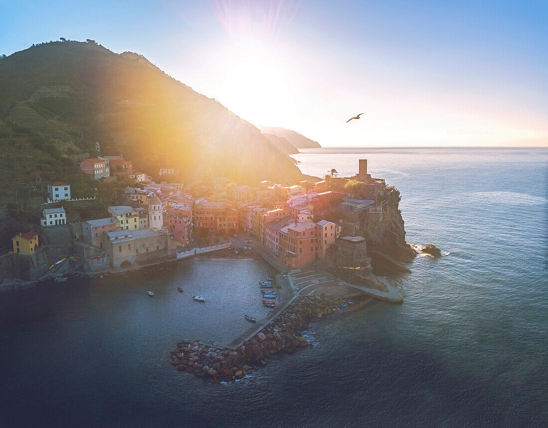 Vernazza, 5 Terre, Liguria, Italy. Aerial view of Vernazza at sunrise.