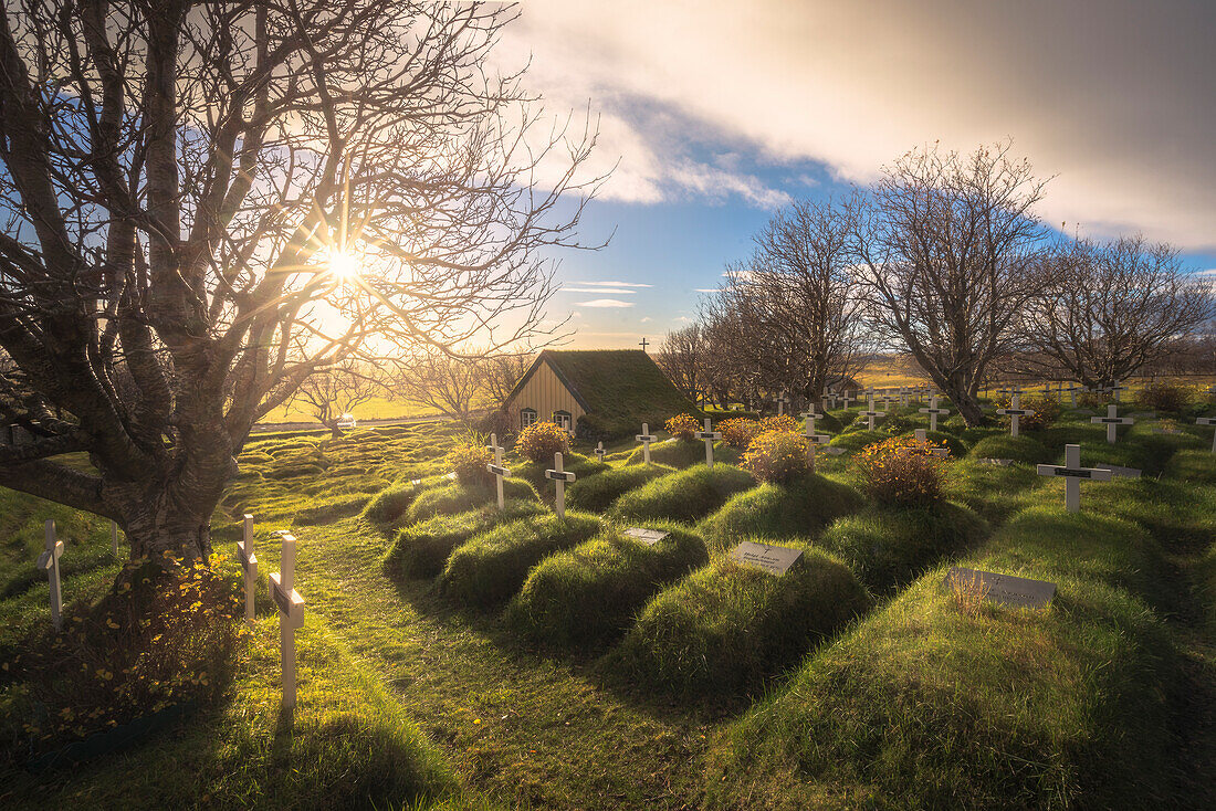 Typical turf house, 'torfbaeir' in Icelandic. Iceland, Europe