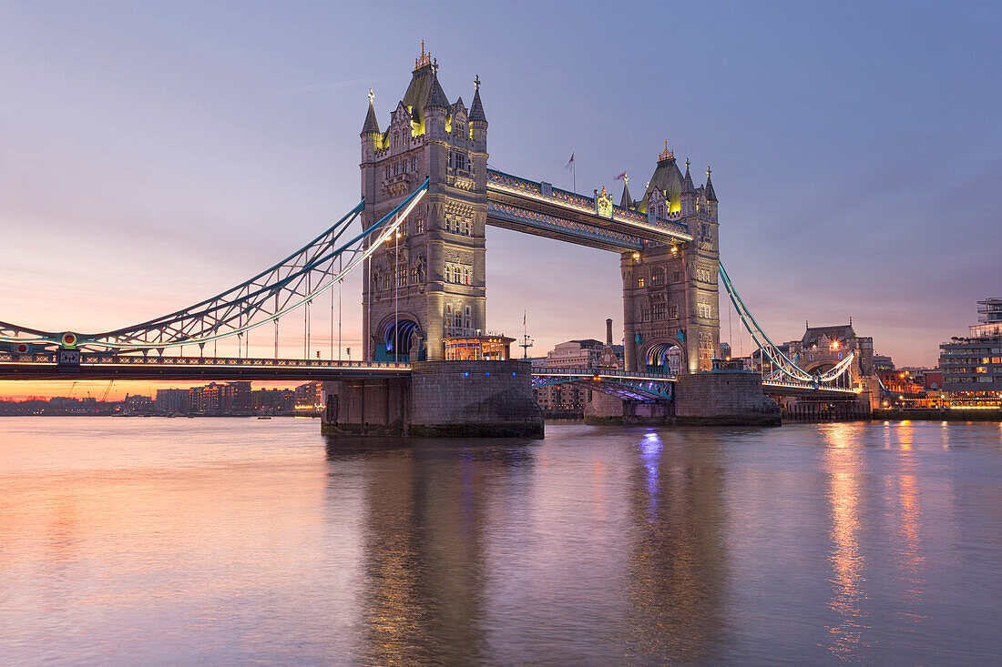 Tower Bridge at dawn reflected in river Thames, London, Great Britain, UK