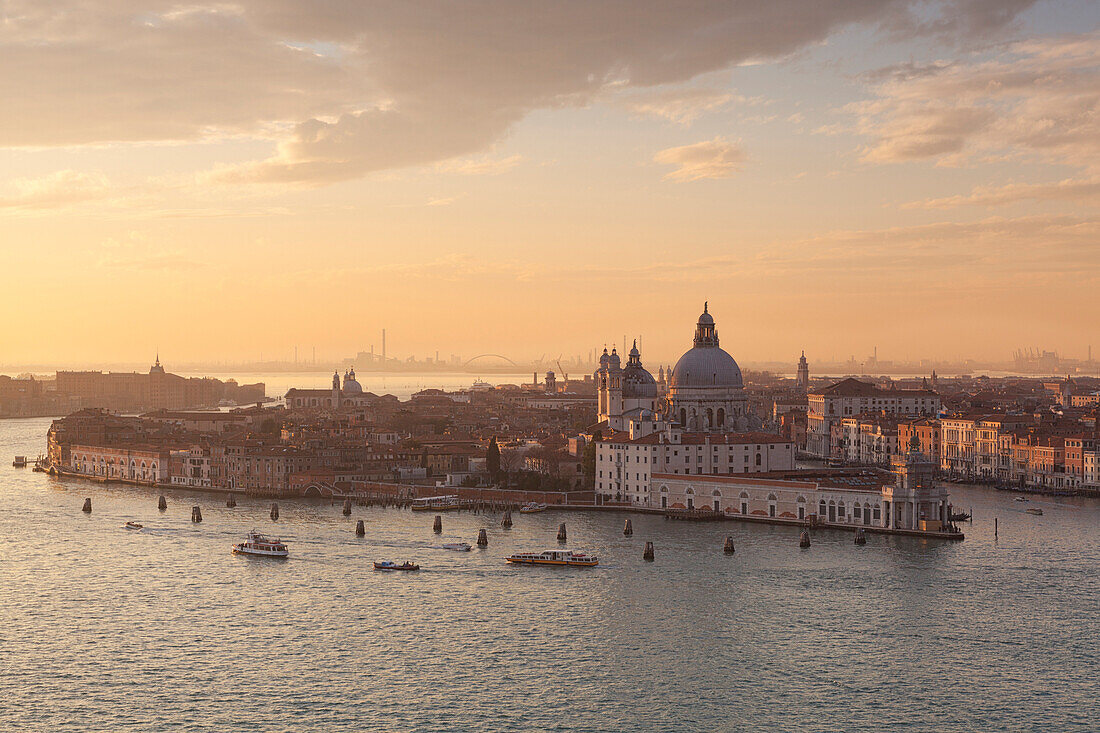 View of Punta della Dogana with church of Santa Maria della Salute from the bell tower of abbey of San Giorgio Maggiore, Venice, Veneto, Italy