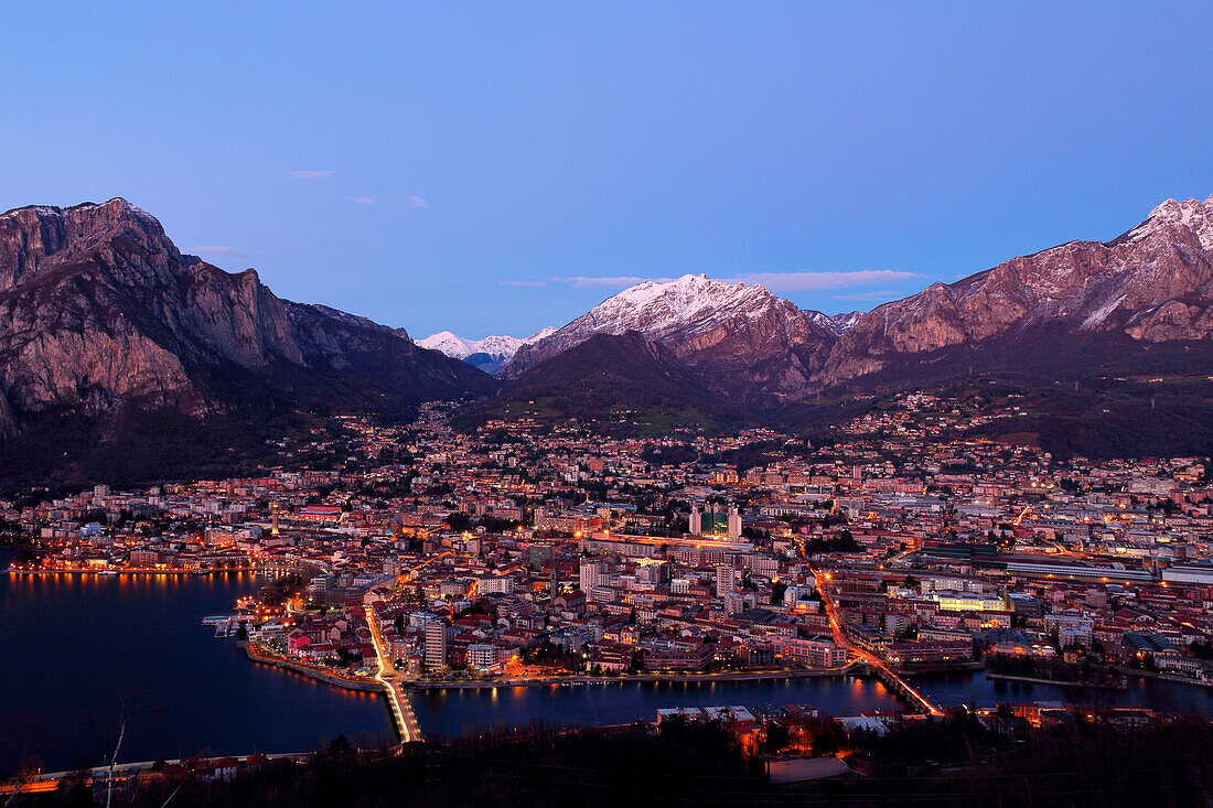 Night view of Lecco, Lecco province, Lombardy, Italy, Europe