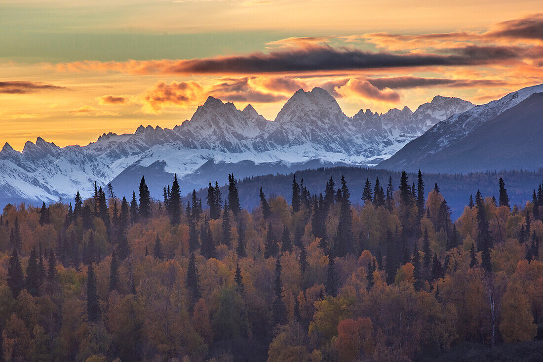 Peaks above Kahiltna Glacier at sunset, Denali National Park, Alaska