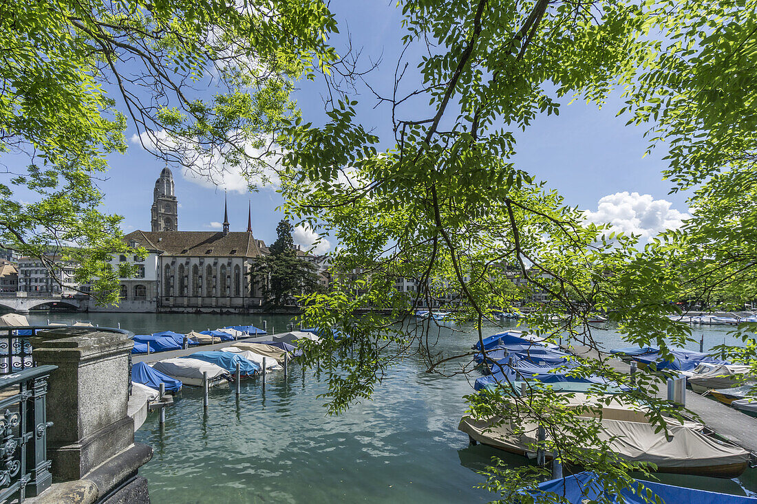 Boat pier, river Limmat, Grossmunster, water church, spring, Zurich, switzerland