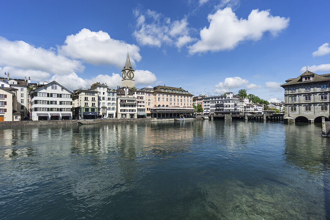river Limmat, St. Peters church, cityscape Zurich, switzerland