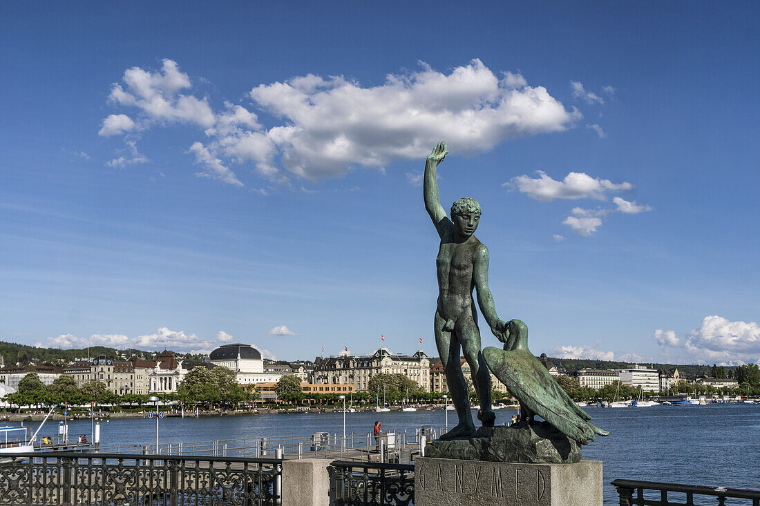 Switzerland Zurich Ganymed statue at riverbank Zurich lake