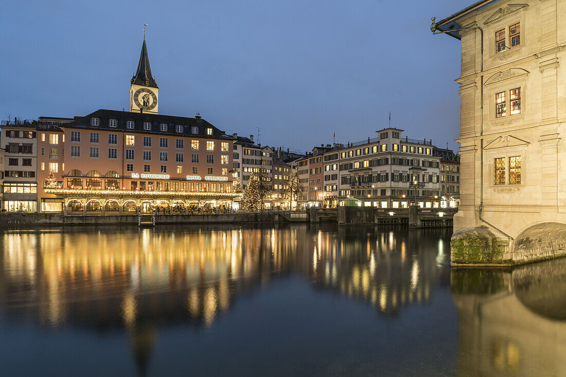 River Limmat, Hotel Storchen, St. Peters church, city hall, Zurich, Switzerland