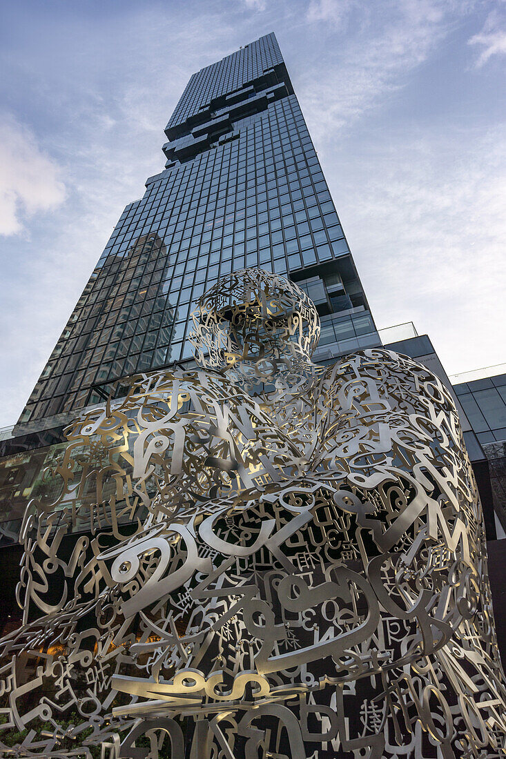 MahaNakhon tower in Sathorn , 314 meter skycraper,  sculpture by Jaume Plensa, Bangkojk Soul (2016)  , representing hope, beauty, unity & symbolic nature of language,  Bangkok, Thailand