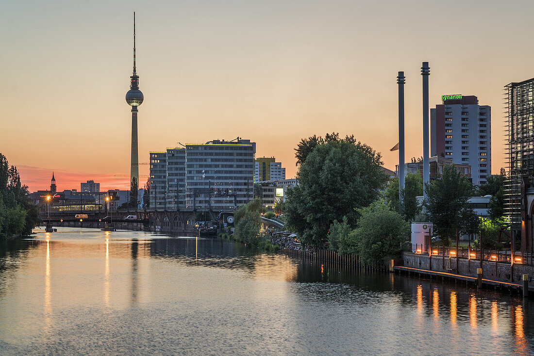 river Spree, Alex TV tower, Trias building, sunset, Berlin