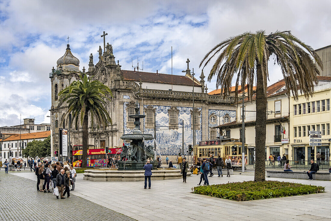 The fountain of Lions, Praca de Gomez, Igreja do Carmo church, Azulejos,vintage tram,  Porto, Portugal
