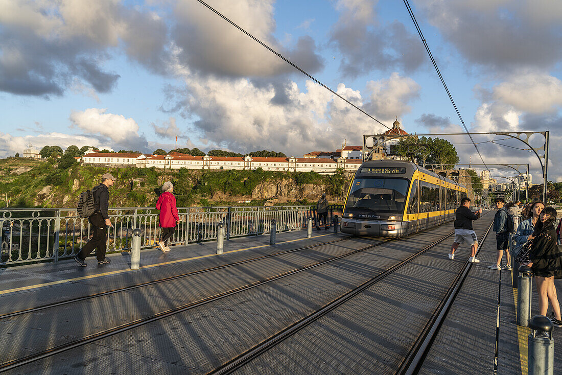 View from Dom Louis I bridge over Douro river, tram, background  Mosteiro da Serra do Pilar, Monastry, Porto, Portugal Porto, Portugal