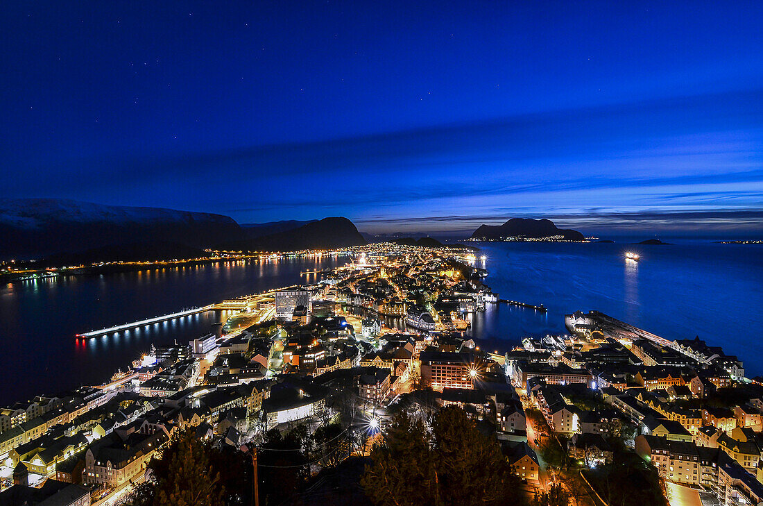 Blue hour cityscape at Alesund, Vestlandet, More og Romsdal county, Norway, Europe.