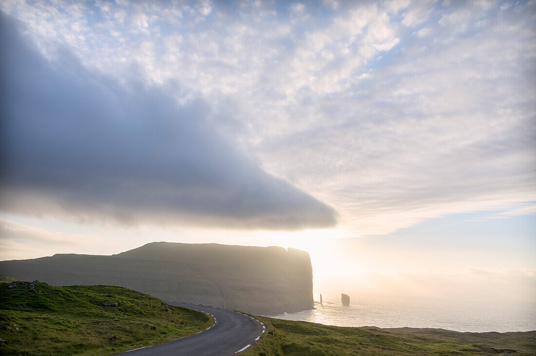 Cliffs of Risin og Kellingin seen from Eidi, Eysturoy Island, Faroe Islands, Denmark