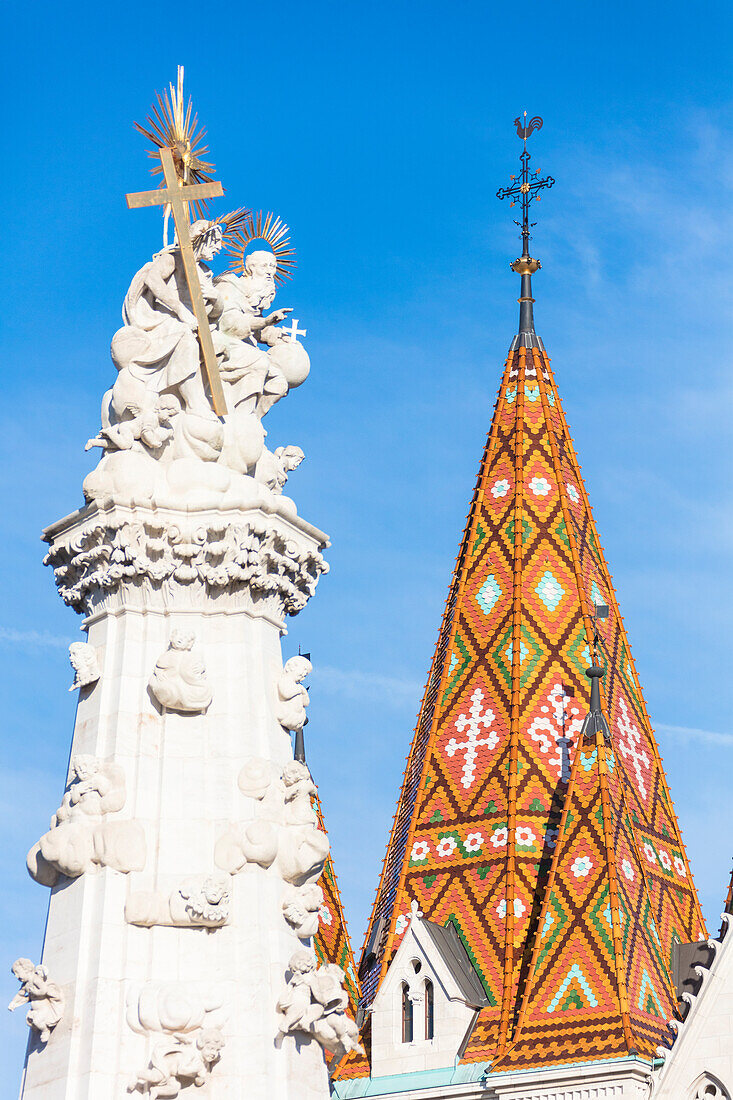 Holy Trinity Statue on top of Matthias Church, Budapest, Hungary