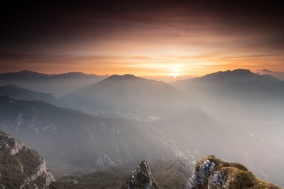 Monte Resegone and Monte Due Mani at dawn seen from Monte Coltignone, Lecco, Lombardy, Italy