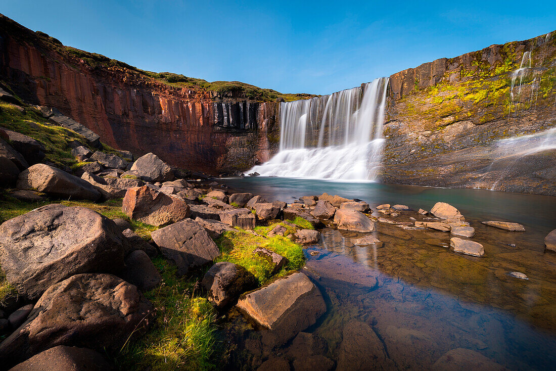 Laugarfell waterfall, Icelandic highlands, Eastern Iceland, Mount Snaefell, Iceland