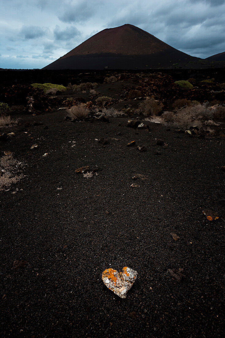 A stone on the black volcanic sand, Timanfaya National Park, Lanzarote, Canary island, Spain, Europe