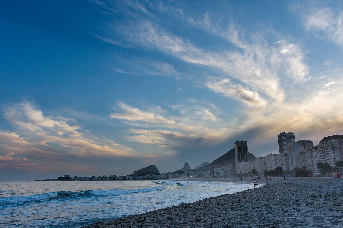 Praia do Leme and Copacabana during sunset in Rio de Janeiro, Brazil