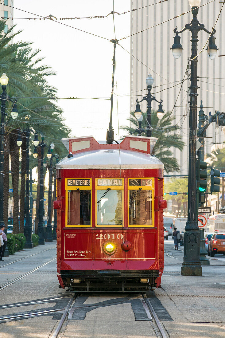 United States, Louisiana, New Orleans, French Quarter. Canal Street streetcar line.