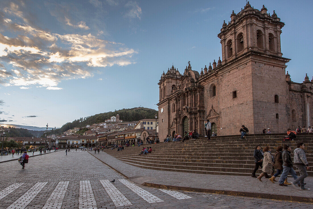 Photograph of Plaza de Armas square at dawn in Cusco, Peru