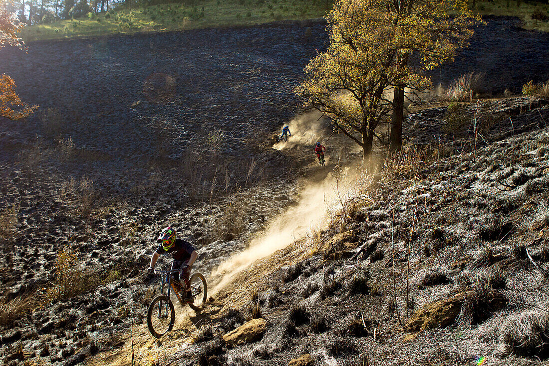 Side view of biker crossing downhill track and raising dust, Tenango, State of Mexico, Mexico