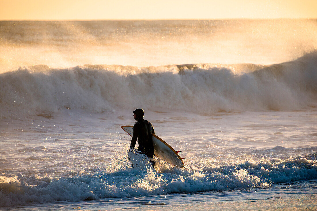 Surfer in wetsuit walking and carrying surfboard in sea at sunset