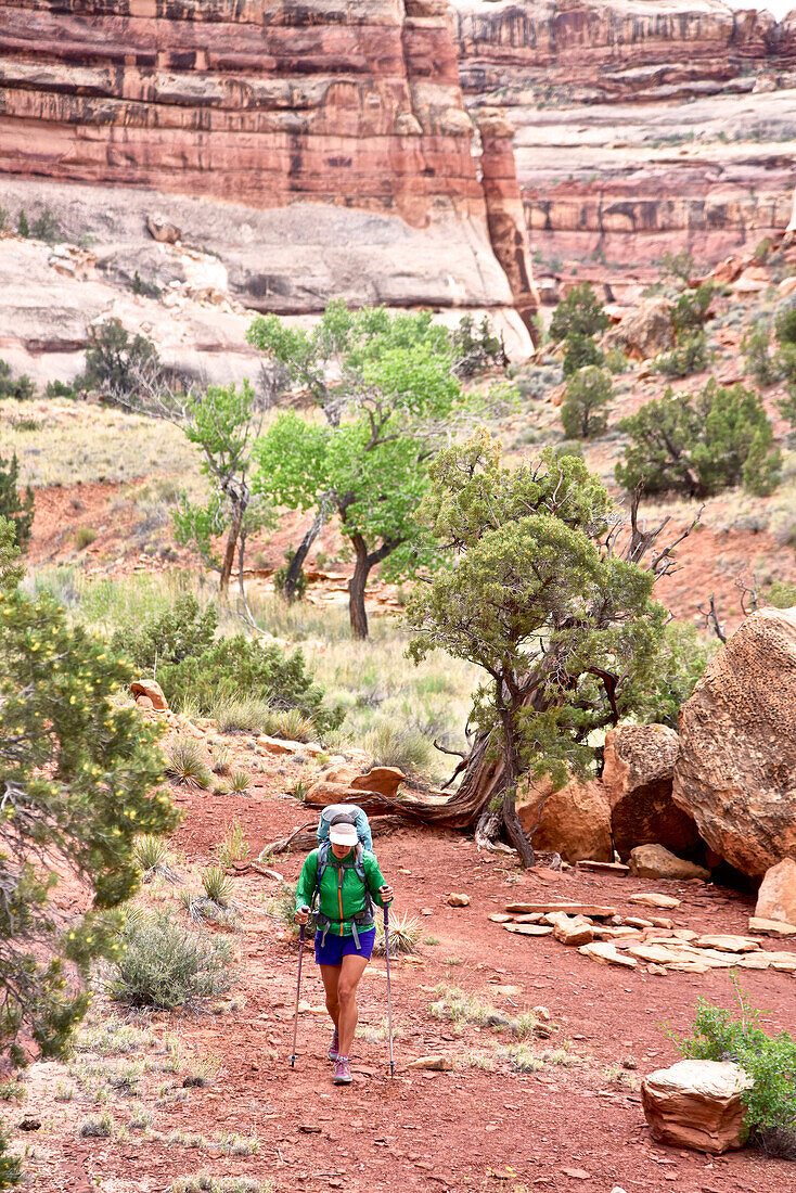 Lone woman hiking through desert of The Maze section of Canyonlands National Park, Moab, Utah, USA